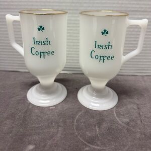 Set of 2 Milk glass Irish Coffee Mugs Gold Trim